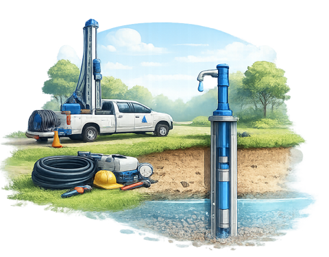 Illustration of well installation and repair — drilling rig, well casing, and submersible pump setup.