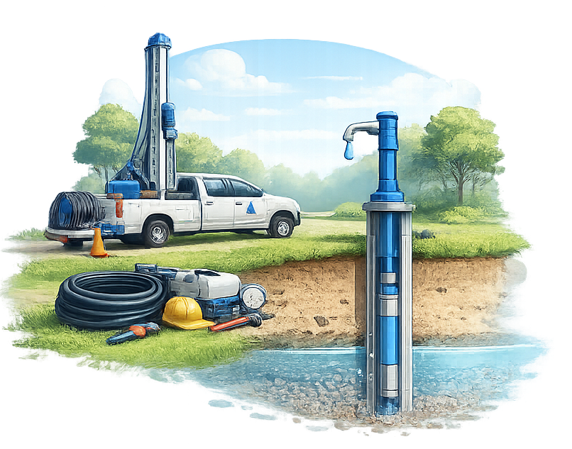 Well drilling rig, casing, and submersible pump installation — Klutz Well Drilling